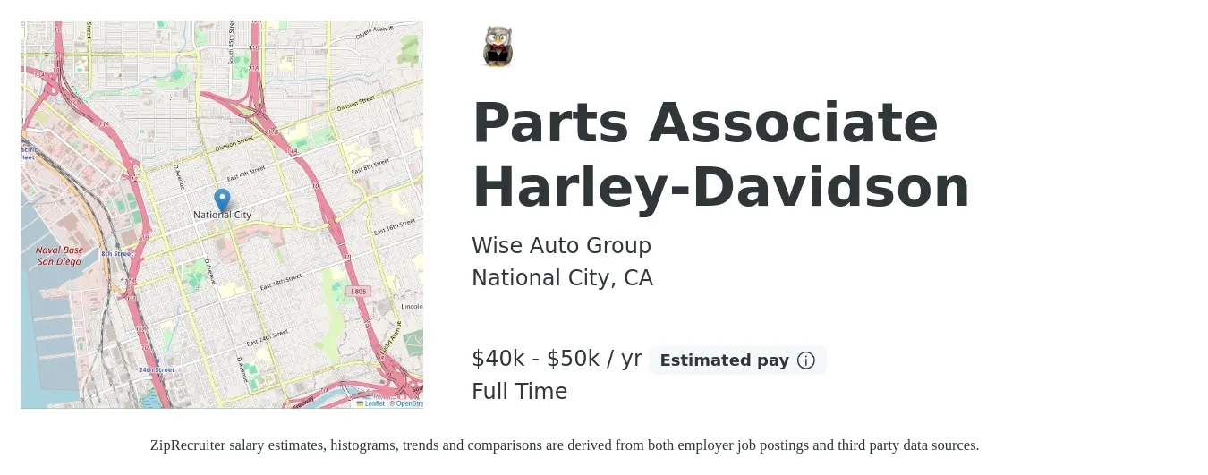 Wise Auto Group job posting for a Parts Associate Harley-Davidson in National City, CA with a salary of $40,000 to $50,000 Yearly with a map of National City location.