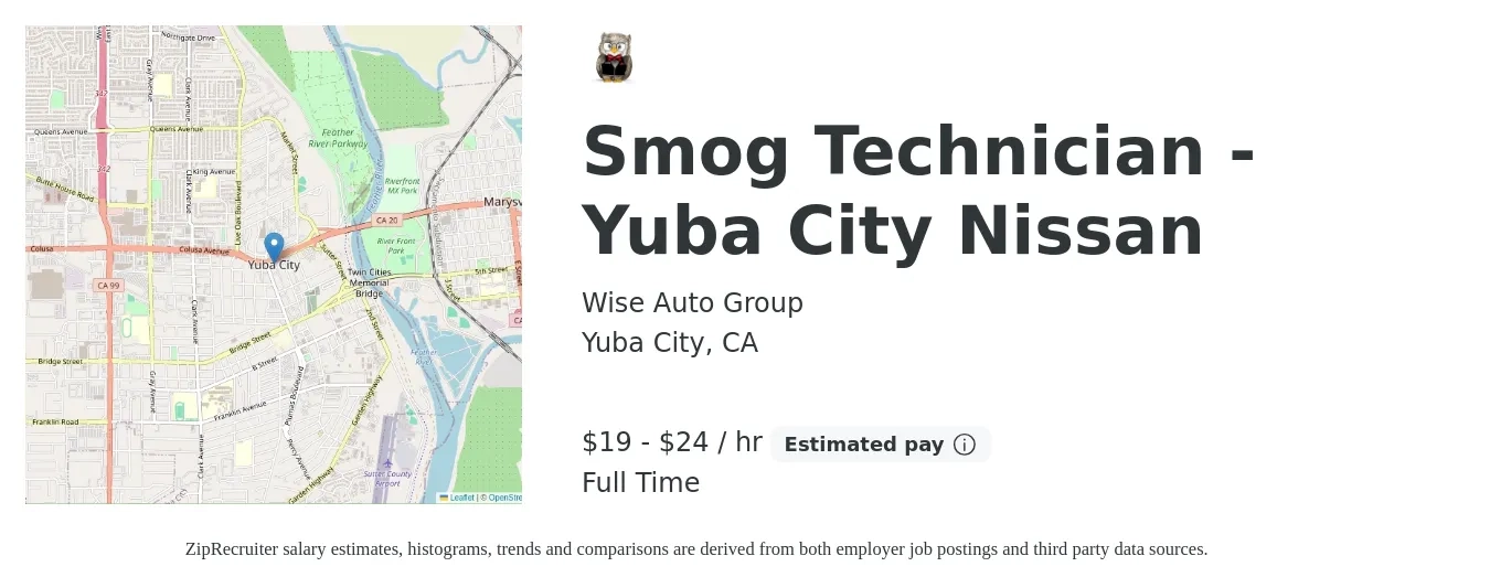 Wise Auto Group job posting for a Smog Technician - Yuba City Nissan in Yuba City, CA with a salary of $20 to $25 Hourly with a map of Yuba City location.