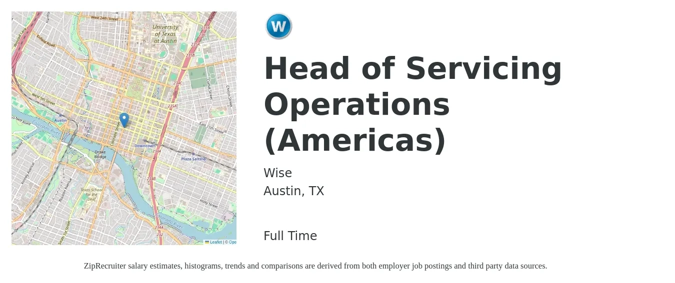 Wise job posting for a Head of Servicing Operations (Americas) in Austin, TX with a salary of $114,500 to $183,400 Yearly with a map of Austin location.