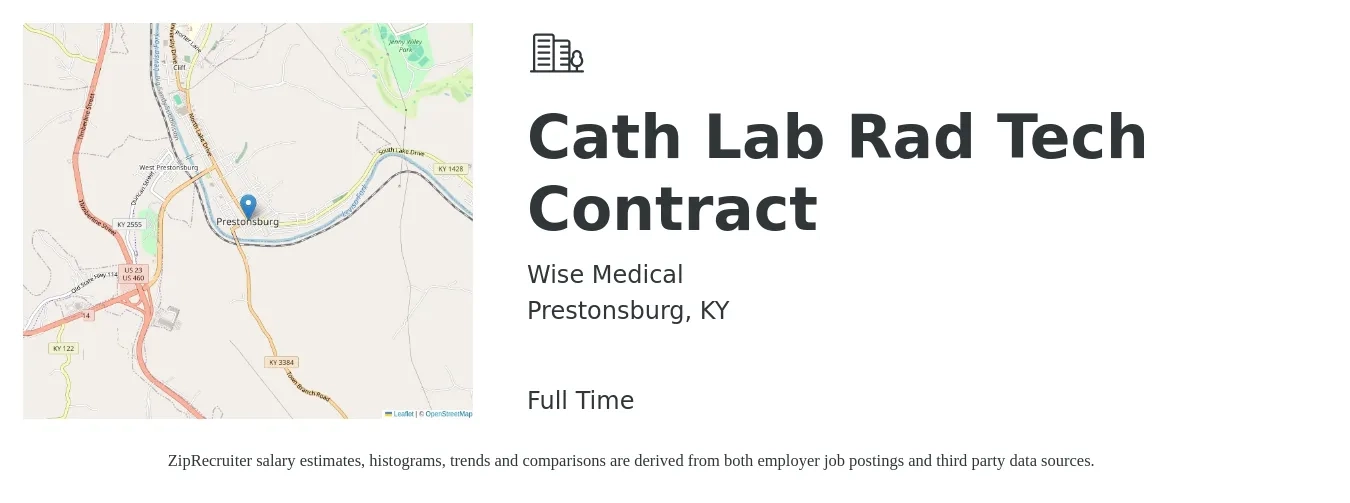 Wise Medical job posting for a Cath Lab Rad Tech Contract in Prestonsburg, KY with a salary of $2,970 Weekly with a map of Prestonsburg location.