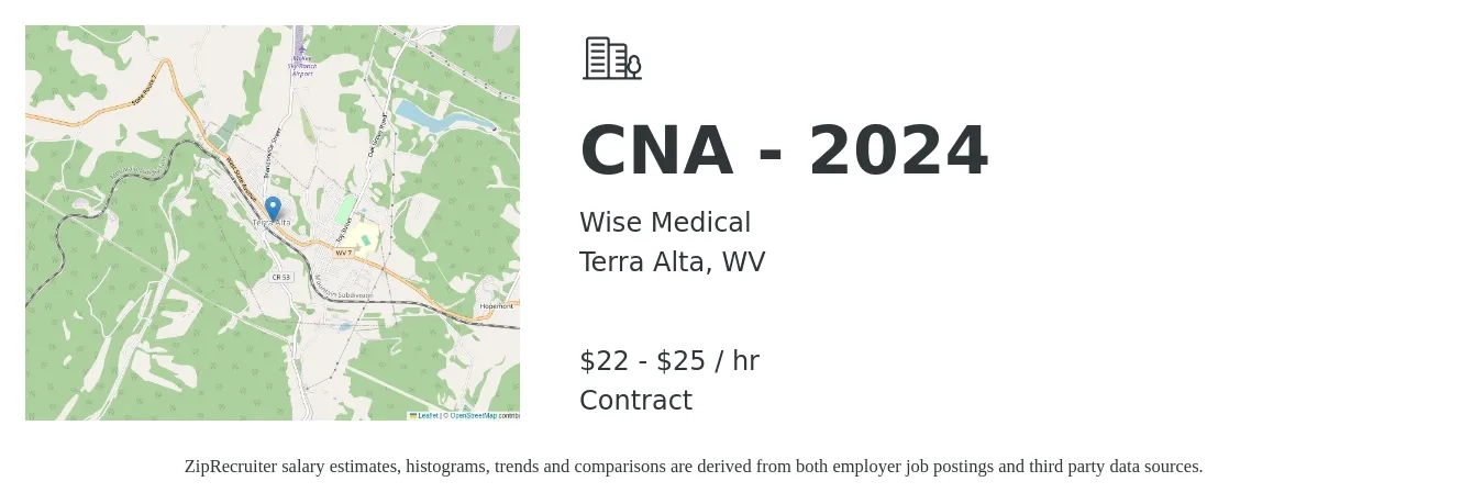 Wise Medical job posting for a CNA - 2024 in Terra Alta, WV with a salary of $16 to $22 Hourly with a map of Terra Alta location.