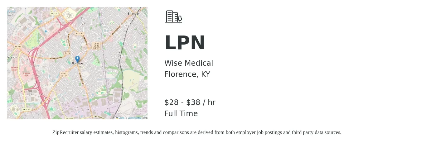 Wise Medical job posting for a LPN in Florence, KY with a salary of $30 to $40 Hourly with a map of Florence location.