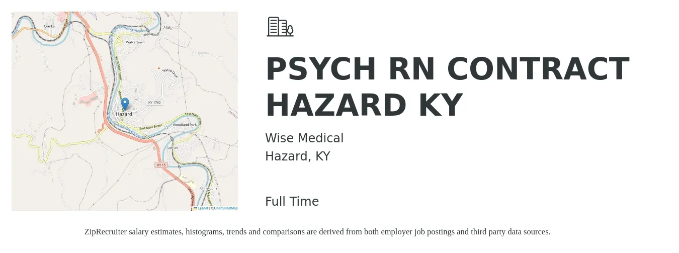 Wise Medical job posting for a PSYCH RN CONTRACT HAZARD KY in Hazard, KY with a salary of $2,464 Weekly with a map of Hazard location.
