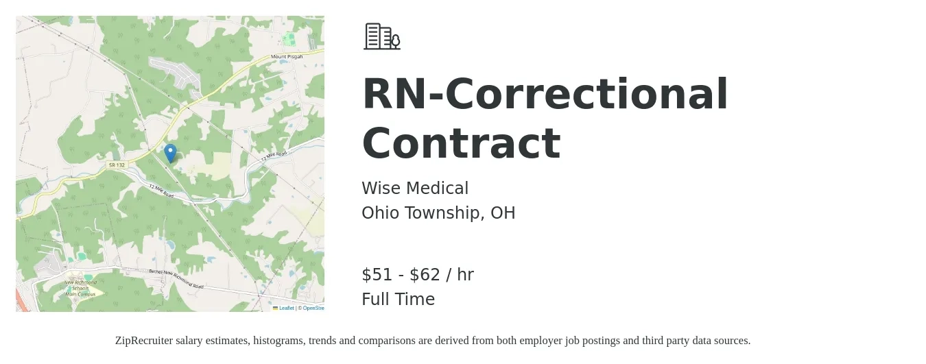 Wise Medical job posting for a RN-Correctional Contract in Ohio Township, OH with a salary of $54 to $65 Hourly with a map of Ohio Township location.