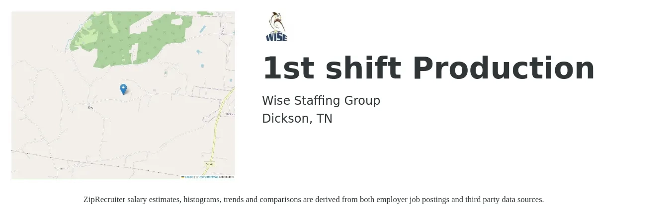 Wise Staffing Group job posting for a 1st shift Production in Dickson, TN with a salary of $14 to $16 Hourly with a map of Dickson location.