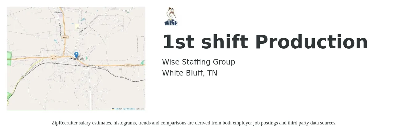 Wise Staffing Group job posting for a 1st shift Production in White Bluff, TN with a salary of $14 to $16 Hourly with a map of White Bluff location.