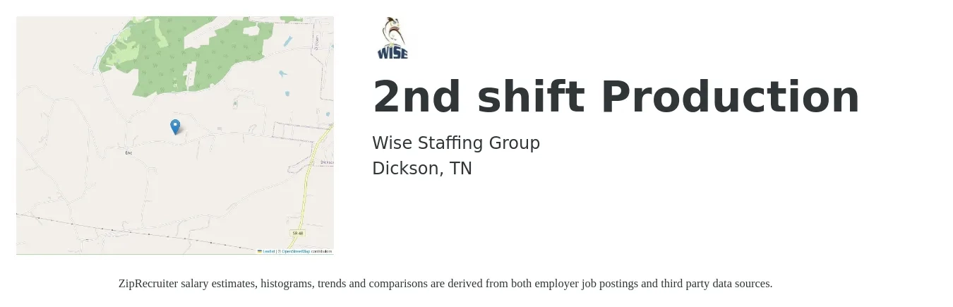 Wise Staffing Group job posting for a 2nd shift Production in Dickson, TN with a salary of $14 to $16 Hourly with a map of Dickson location.