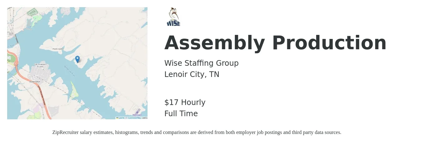 Wise Staffing Group job posting for a Assembly Production in Lenoir City, TN with a salary of $18 Hourly with a map of Lenoir City location.