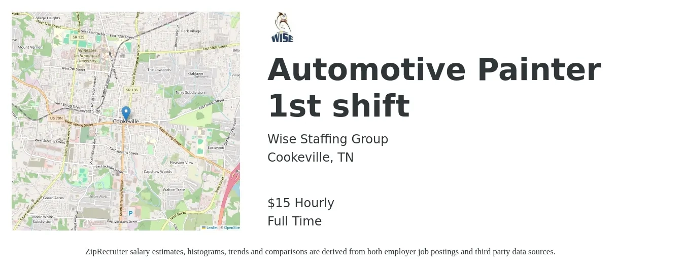 Wise Staffing Group job posting for a Automotive Painter 1st shift in Cookeville, TN with a salary of $16 Hourly with a map of Cookeville location.