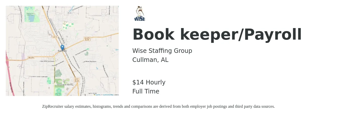 Wise Staffing Group job posting for a Book keeper/Payroll in Cullman, AL with a salary of $15 Hourly with a map of Cullman location.