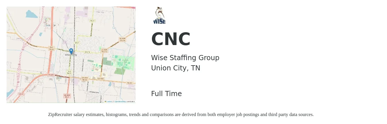 Wise Staffing Group job posting for a CNC in Union City, TN with a salary of $16 to $22 Hourly with a map of Union City location.