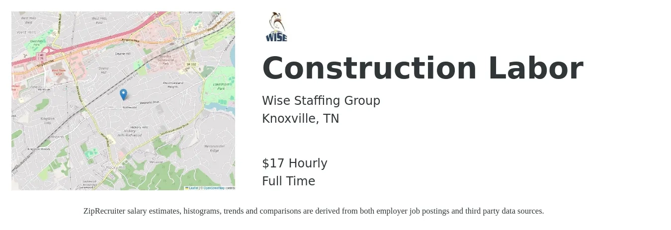 Wise Staffing Group job posting for a Construction Labor in Knoxville, TN with a salary of $17 Hourly with a map of Knoxville location.
