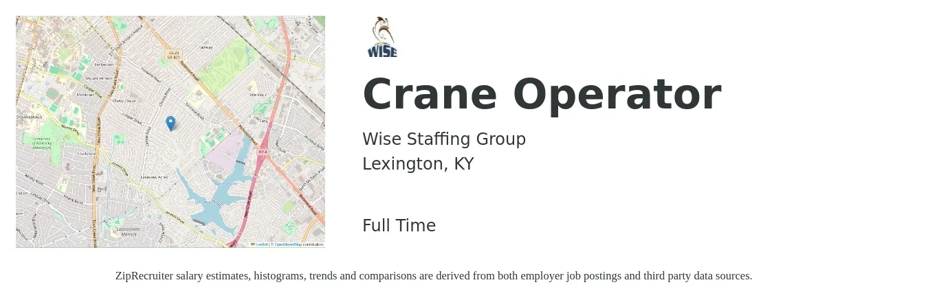 Wise Staffing Group job posting for a Crane Operator in Lexington, KY with a salary of $22 to $34 Hourly with a map of Lexington location.
