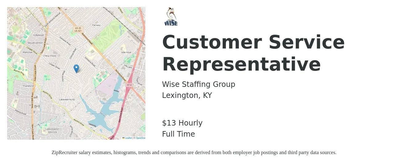 Wise Staffing Group job posting for a Customer Service Representative in Lexington, KY with a salary of $14 Hourly with a map of Lexington location.