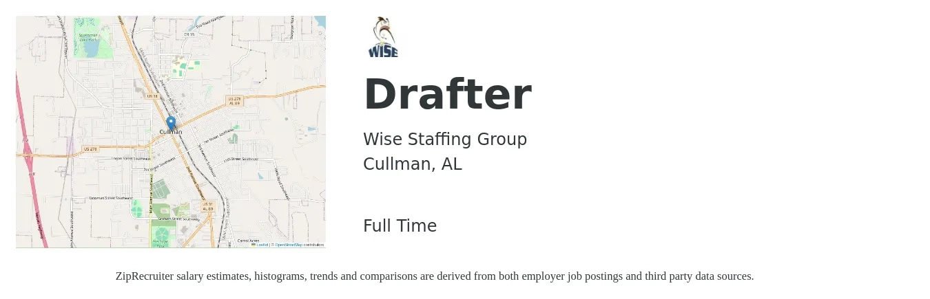 Wise Staffing Group job posting for a Drafter in Cullman, AL with a salary of $20 to $28 Hourly with a map of Cullman location.