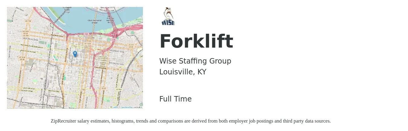Wise Staffing Group job posting for a Forklift in Louisville, KY with a salary of $16 to $19 Hourly with a map of Louisville location.