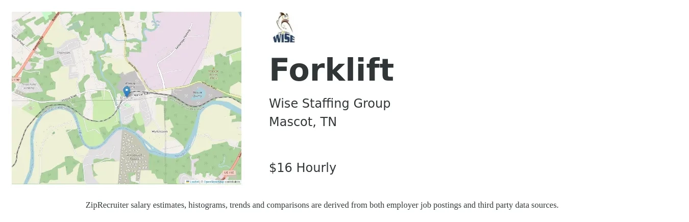 Wise Staffing Group job posting for a Forklift in Mascot, TN with a salary of $17 Hourly with a map of Mascot location.