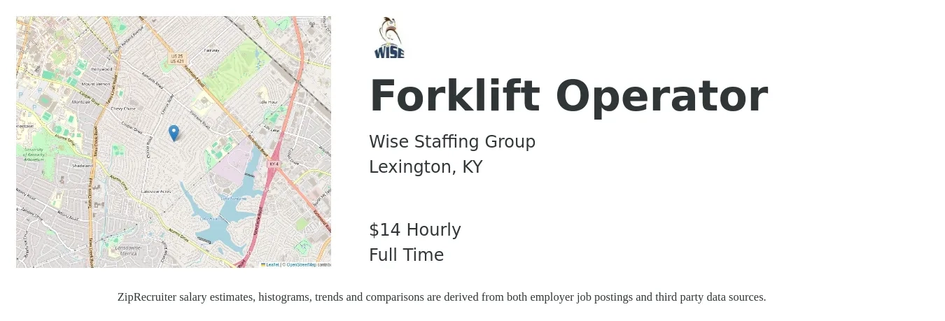 Wise Staffing Group job posting for a Forklift Operator in Lexington, KY with a salary of $15 Hourly with a map of Lexington location.