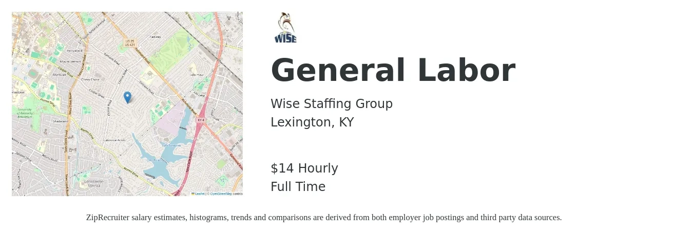 Wise Staffing Group job posting for a General Labor in Lexington, KY with a salary of $16 to $20 Hourly with a map of Lexington location.