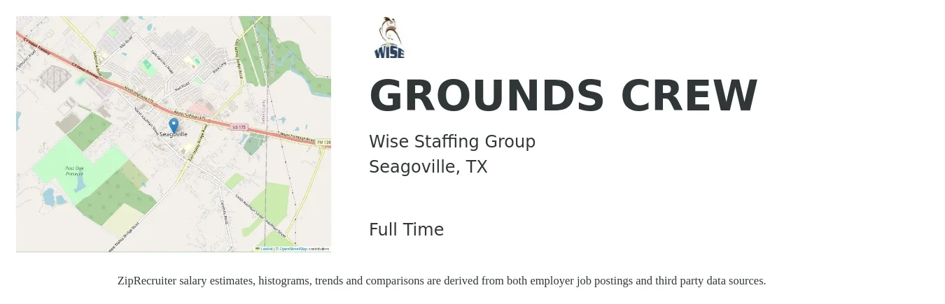 Wise Staffing Group job posting for a GROUNDS CREW in Seagoville, TX with a salary of $15 to $19 Hourly with a map of Seagoville location.