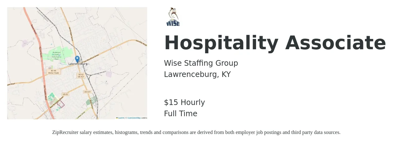 Wise Staffing Group job posting for a Hospitality Associate in Lawrenceburg, KY with a salary of $16 Hourly with a map of Lawrenceburg location.