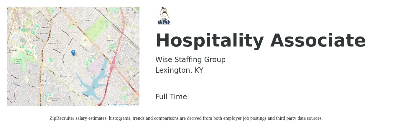 Wise Staffing Group job posting for a Hospitality Associate in Lexington, KY with a salary of $15 to $20 Hourly with a map of Lexington location.