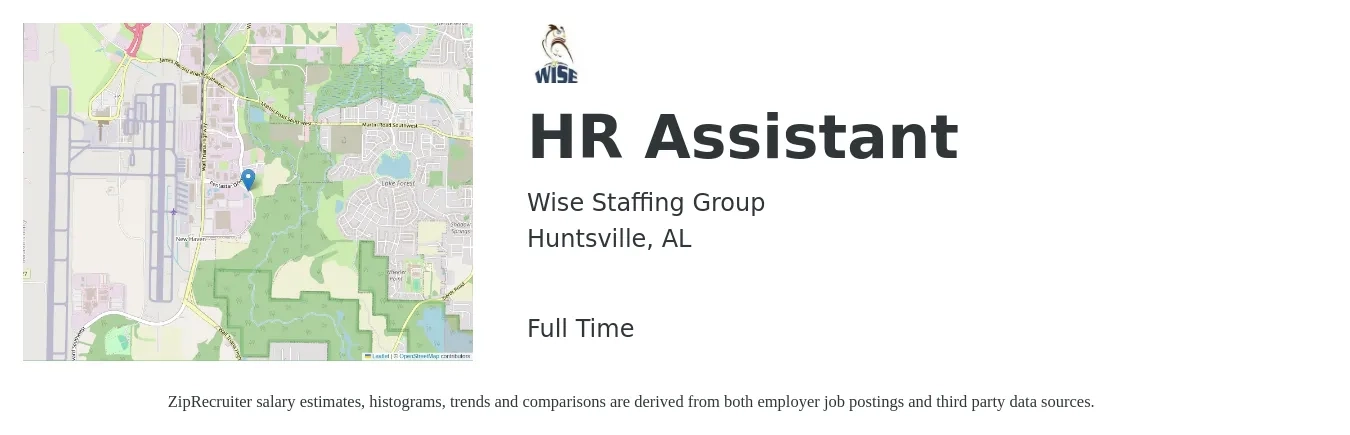 Wise Staffing Group job posting for a HR Assistant in Huntsville, AL with a salary of $36,900 to $47,300 Yearly with a map of Huntsville location.