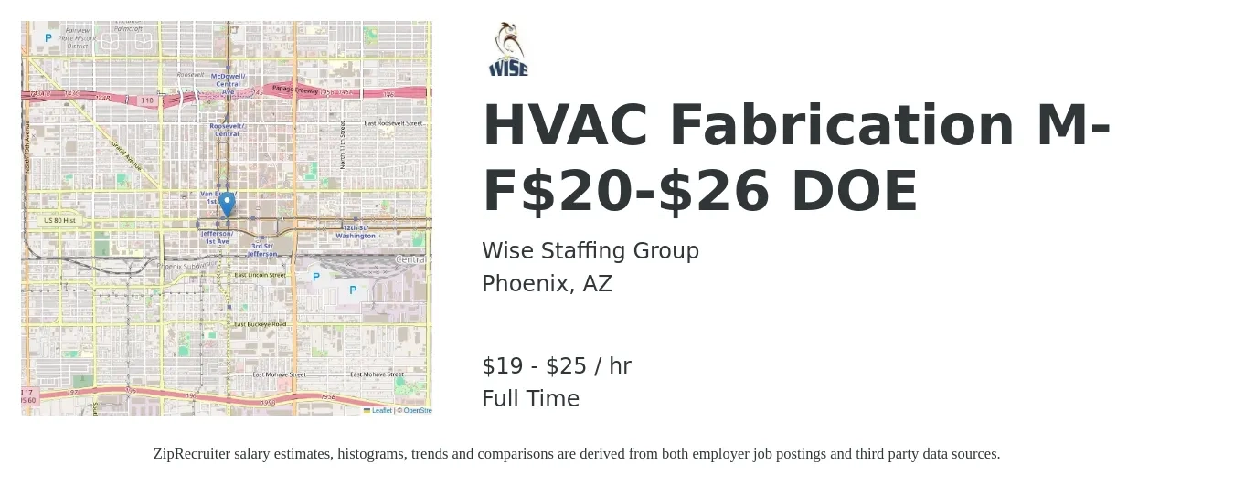 Wise Staffing Group job posting for a HVAC Fabrication M-F$20-$26 DOE in Phoenix, AZ with a salary of $20 to $26 Hourly with a map of Phoenix location.