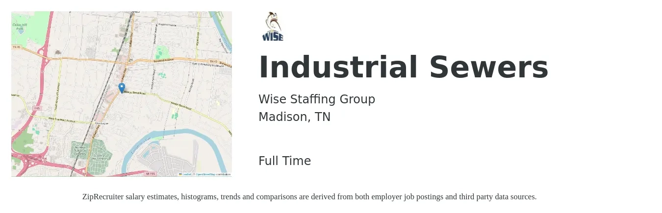 Wise Staffing Group job posting for a Industrial Sewers in Madison, TN with a salary of $15 to $18 Hourly with a map of Madison location.