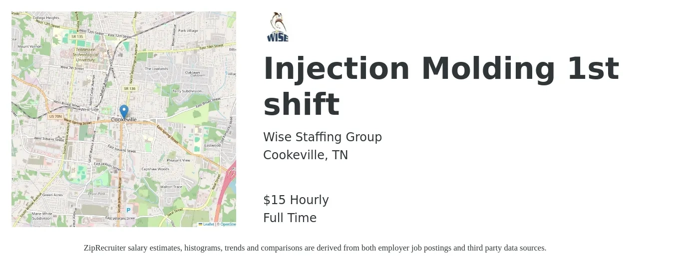 Wise Staffing Group job posting for a Injection Molding 1st shift in Cookeville, TN with a salary of $16 Hourly with a map of Cookeville location.