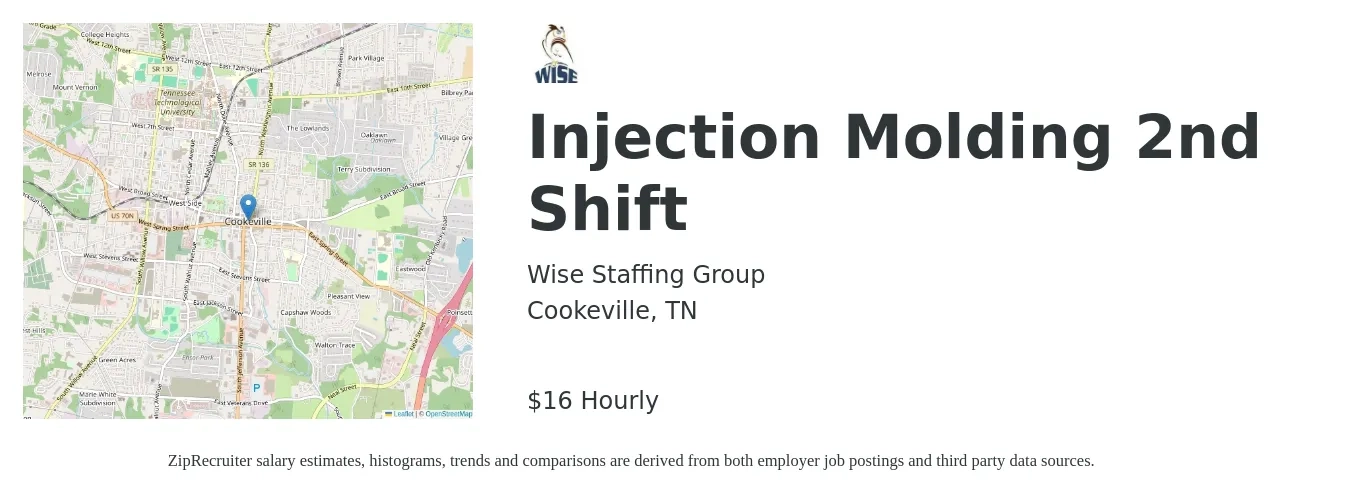 Wise Staffing Group job posting for a Injection Molding 2nd Shift in Cookeville, TN with a salary of $17 Hourly with a map of Cookeville location.