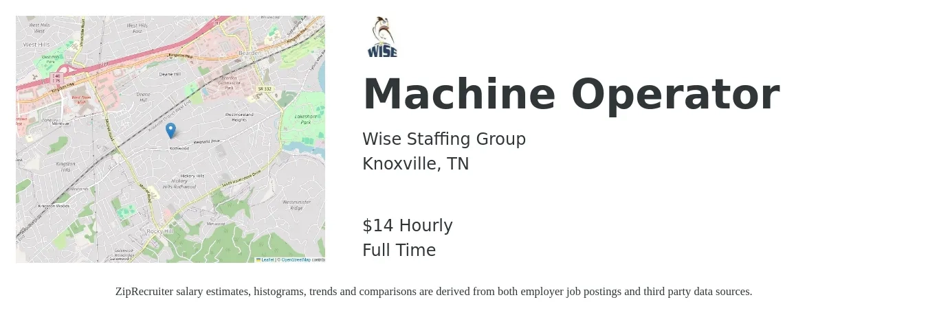 Wise Staffing Group job posting for a Machine Operator in Knoxville, TN with a salary of $15 Hourly with a map of Knoxville location.
