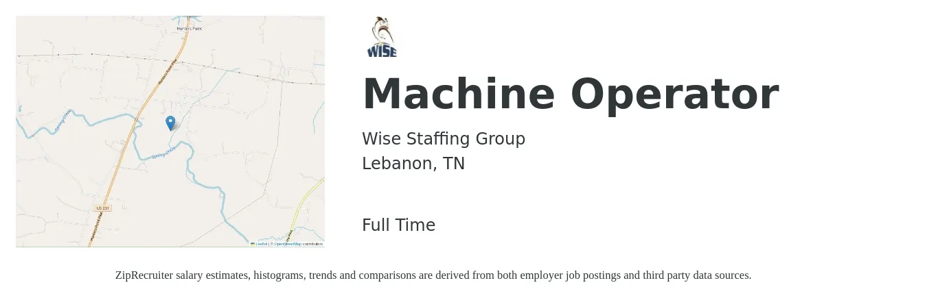 Wise Staffing Group job posting for a Machine Operator in Lebanon, TN with a salary of $16 to $20 Hourly with a map of Lebanon location.