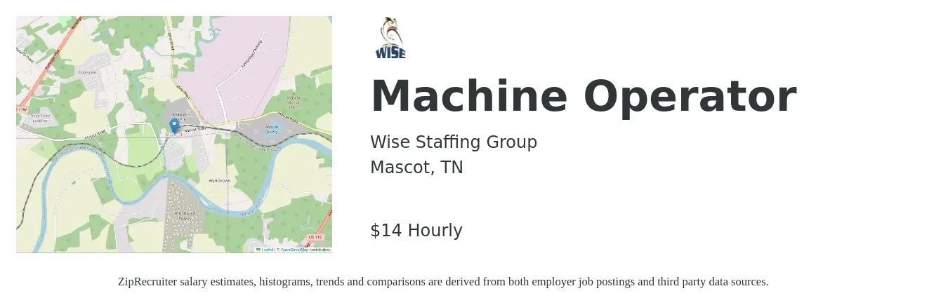 Wise Staffing Group job posting for a Machine Operator in Mascot, TN with a salary of $15 Hourly with a map of Mascot location.