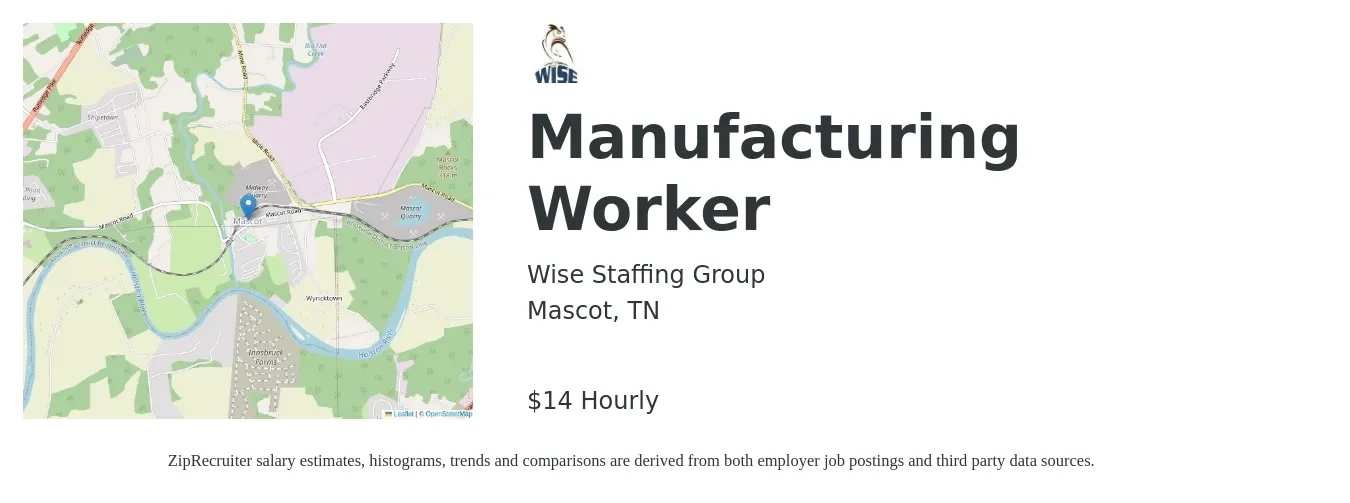 Wise Staffing Group job posting for a Manufacturing Worker in Mascot, TN with a salary of $15 Hourly with a map of Mascot location.