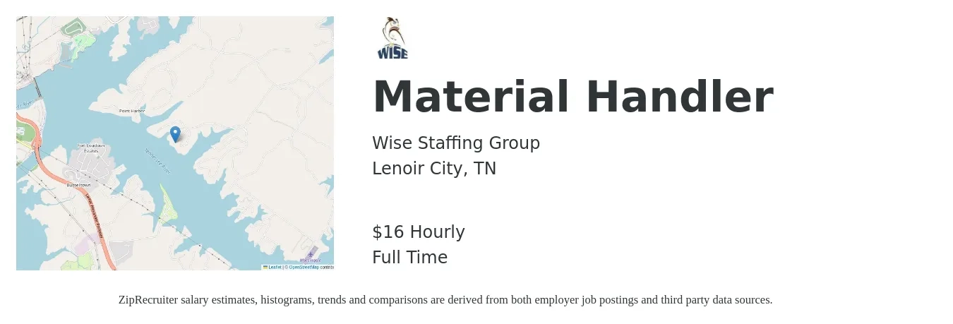 Wise Staffing Group job posting for a Material Handler in Lenoir City, TN with a salary of $18 Hourly with a map of Lenoir City location.