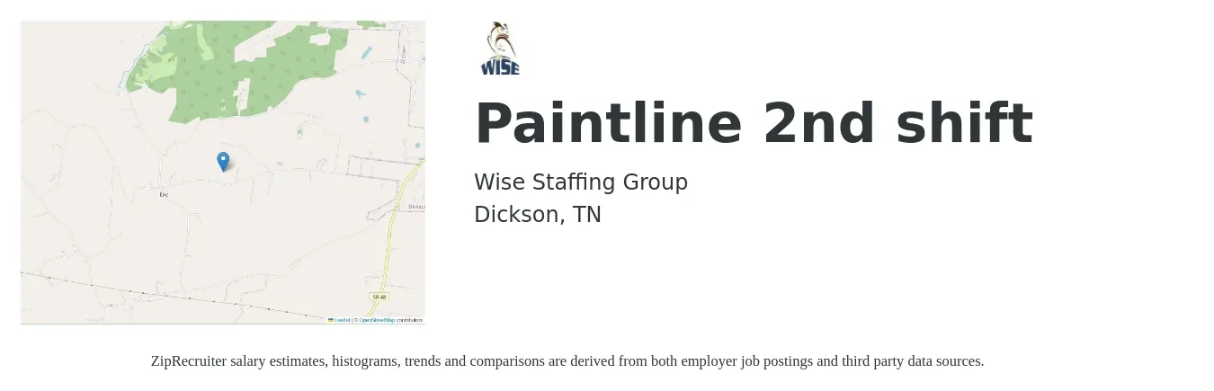 Wise Staffing Group job posting for a Paintline 2nd shift in Dickson, TN with a salary of $14 to $16 Hourly with a map of Dickson location.