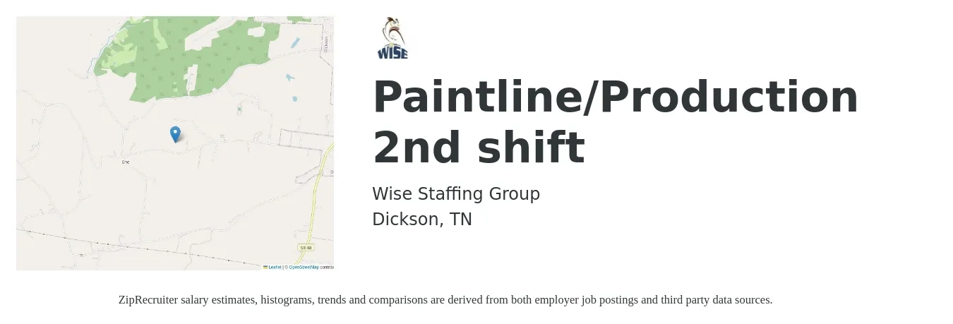 Wise Staffing Group job posting for a Paintline/Production 2nd shift in Dickson, TN with a salary of $14 to $16 Hourly with a map of Dickson location.