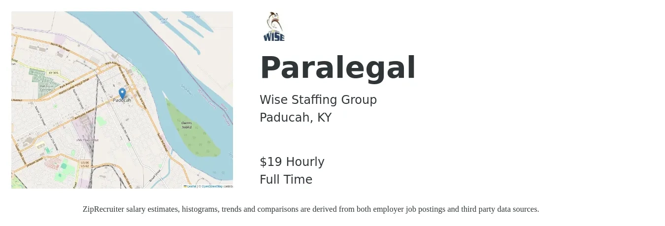 Wise Staffing Group job posting for a Paralegal in Paducah, KY with a salary of $20 Hourly with a map of Paducah location.