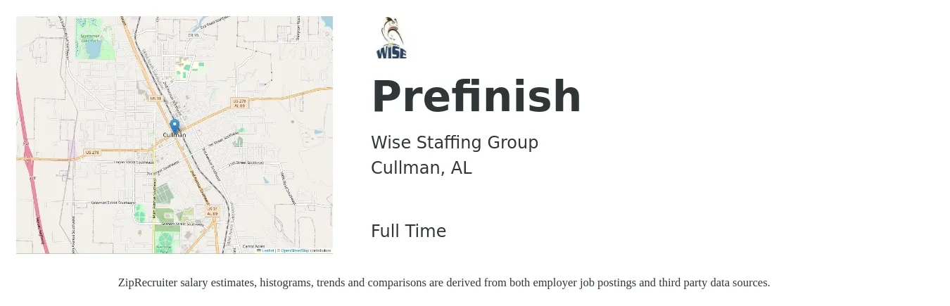 Wise Staffing Group job posting for a Prefinish in Cullman, AL with a salary of $14 to $18 Hourly with a map of Cullman location.