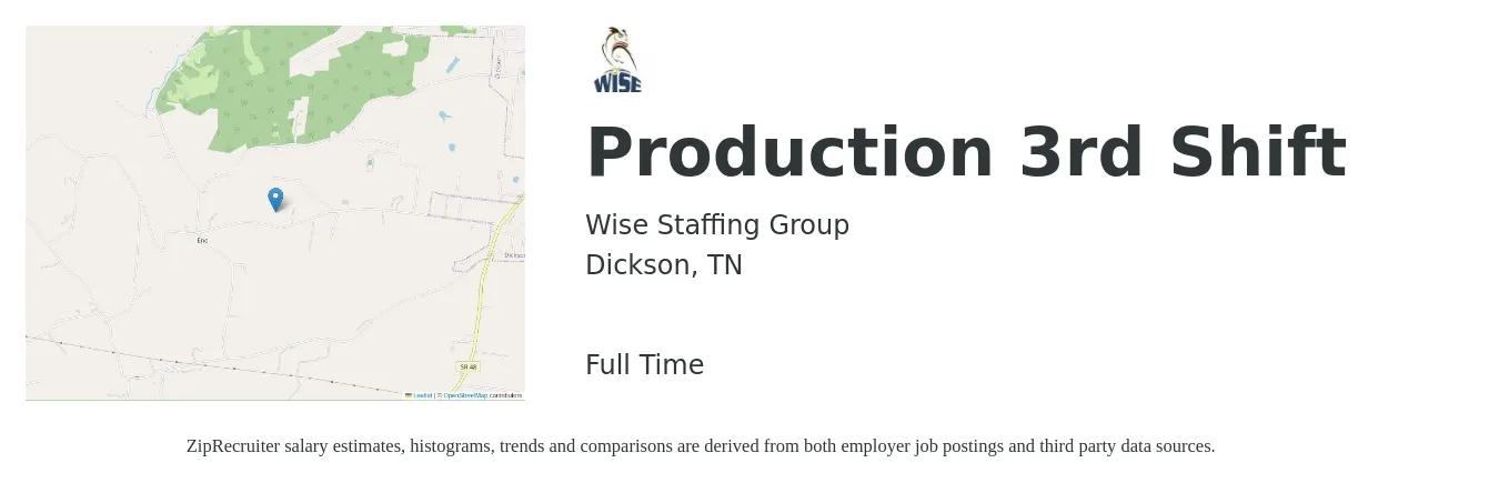 Wise Staffing Group job posting for a Production 3rd Shift in Dickson, TN with a salary of $14 to $16 Hourly with a map of Dickson location.