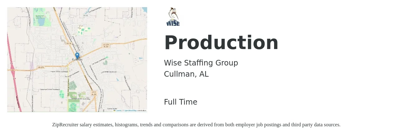 Wise Staffing Group job posting for a Production in Cullman, AL with a salary of $14 to $16 Hourly with a map of Cullman location.