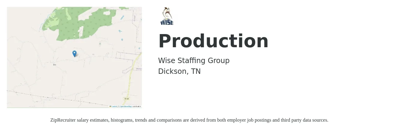 Wise Staffing Group job posting for a Production in Dickson, TN with a salary of $14 to $16 Hourly with a map of Dickson location.