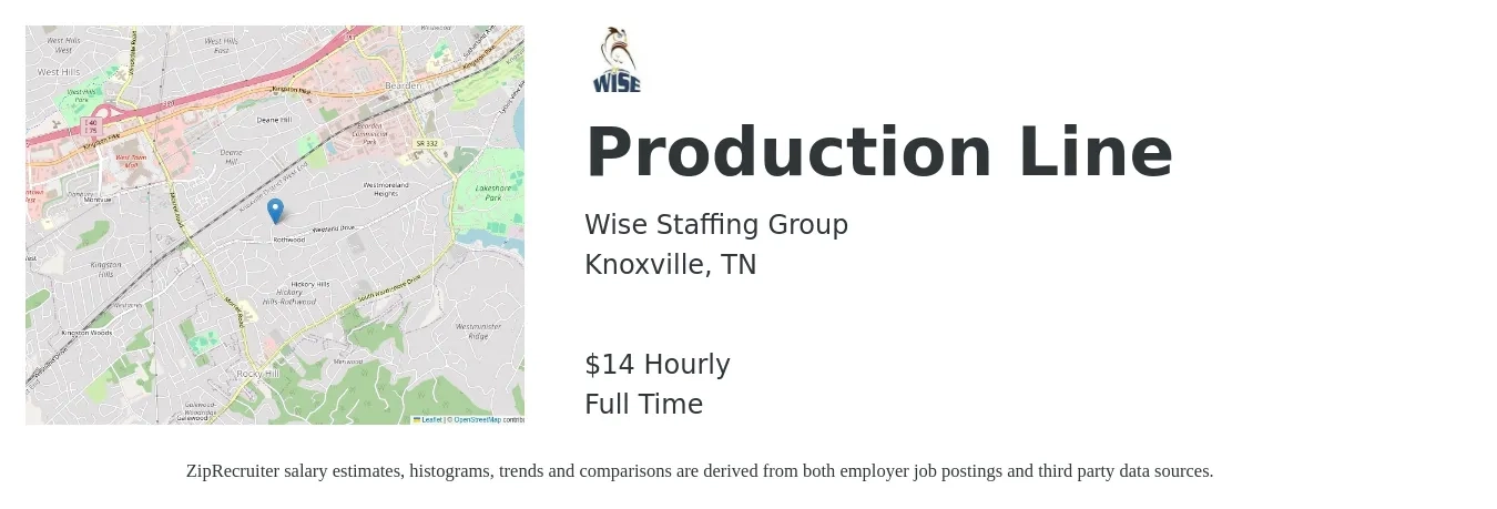Wise Staffing Group job posting for a Production Line in Knoxville, TN with a salary of $15 Hourly with a map of Knoxville location.