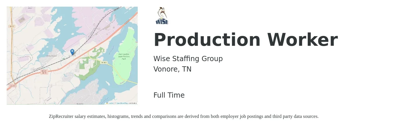 Wise Staffing Group job posting for a Production Worker in Vonore, TN with a salary of $15 to $18 Hourly with a map of Vonore location.