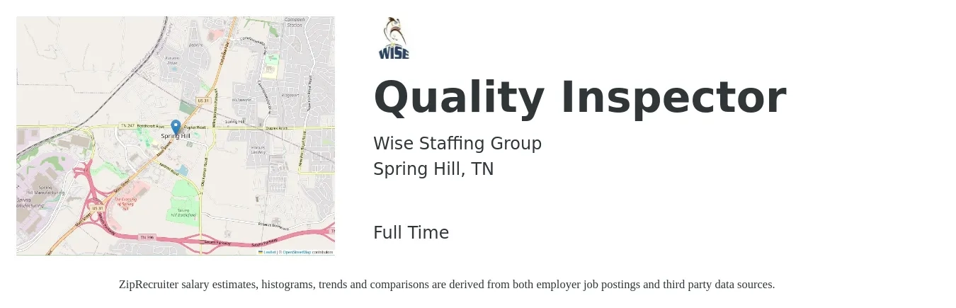 Wise Staffing Group job posting for a Quality Inspector in Spring Hill, TN with a salary of $16 to $22 Hourly with a map of Spring Hill location.