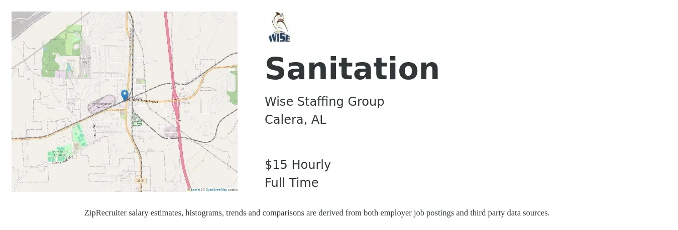 Wise Staffing Group job posting for a Sanitation in Calera, AL with a salary of $16 Hourly with a map of Calera location.
