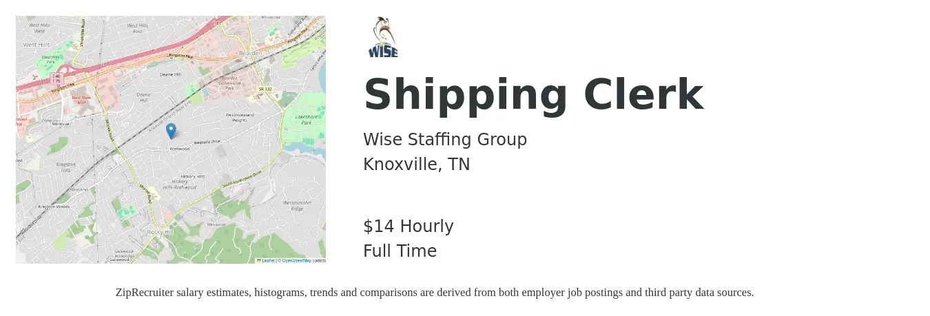 Wise Staffing Group job posting for a Shipping Clerk in Knoxville, TN with a salary of $15 Hourly with a map of Knoxville location.