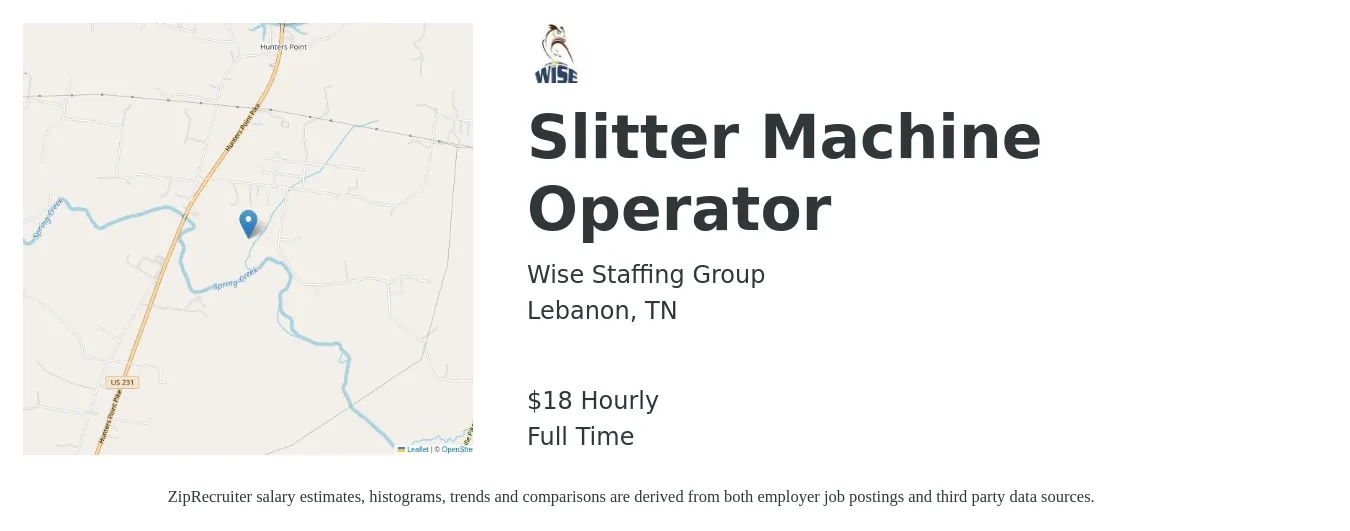 Wise Staffing Group job posting for a Slitter Machine Operator in Lebanon, TN with a salary of $19 Hourly with a map of Lebanon location.