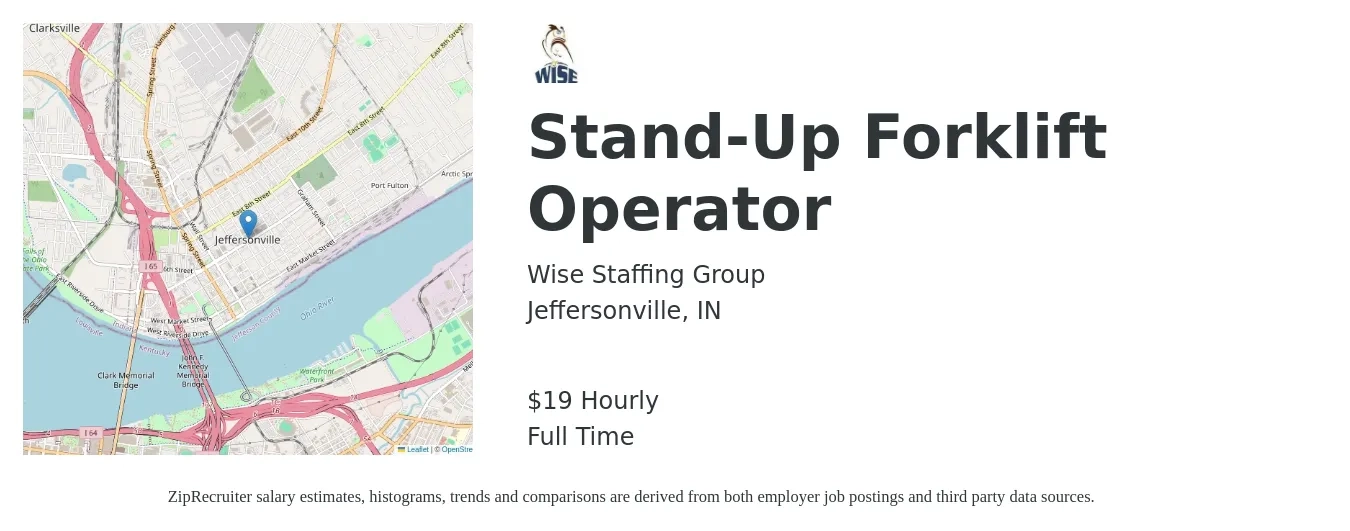 Wise Staffing Group job posting for a Stand-Up Forklift Operator in Jeffersonville, IN with a salary of $20 Hourly with a map of Jeffersonville location.